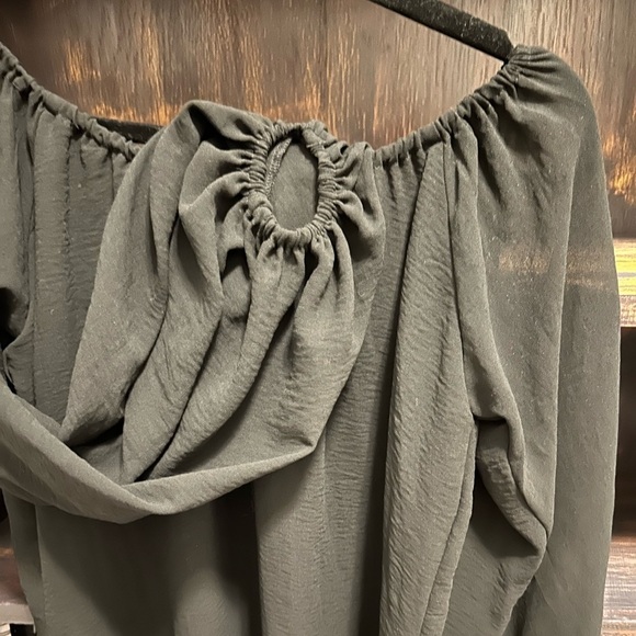 Rouched Boat Neck Black Top | Sheer Sleeves | Solid tunic fabric | One Size - Picture 7 of 12